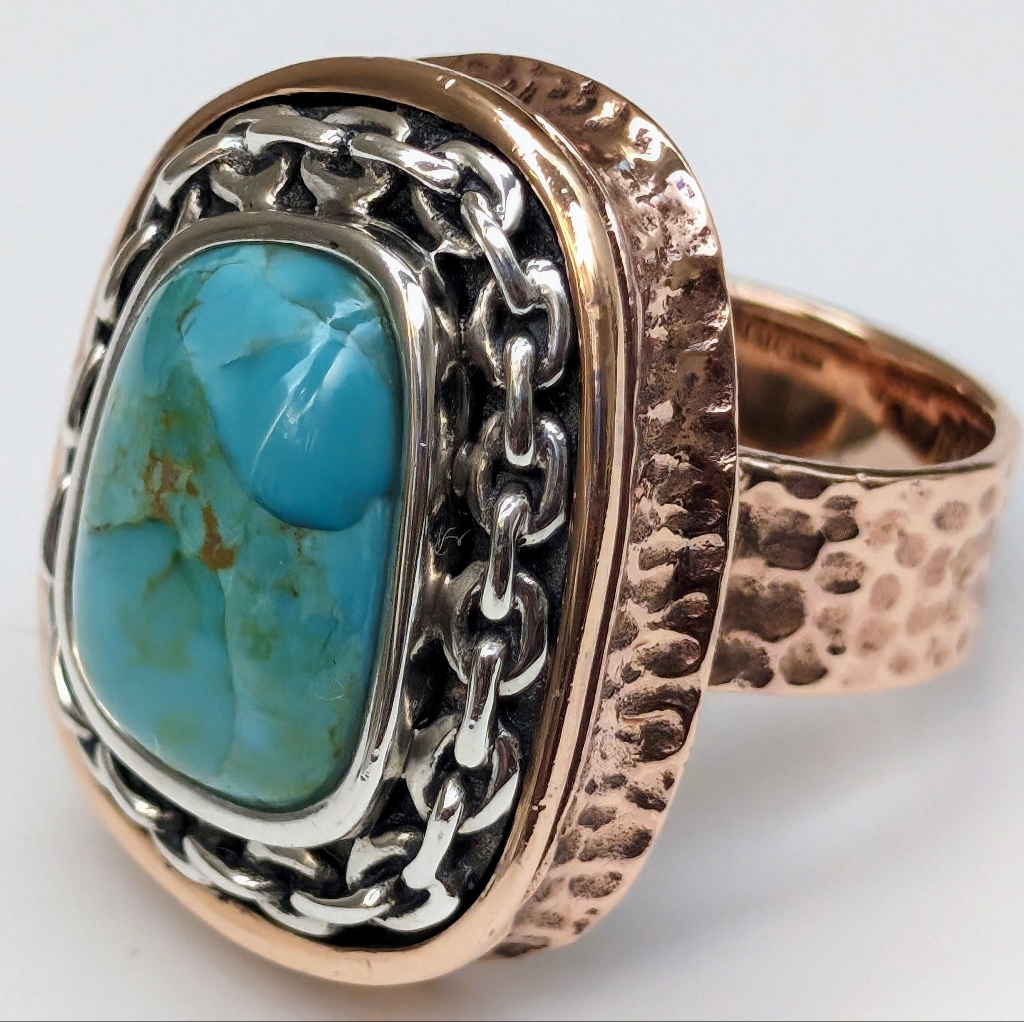 Ret Barse Sterling Silver Rope Bezel Blue Turquoise Hammered Copper Ring 85$